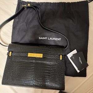 Saint Laurent Medium Manhattan Croc Embossed Leather Shoulder Bag